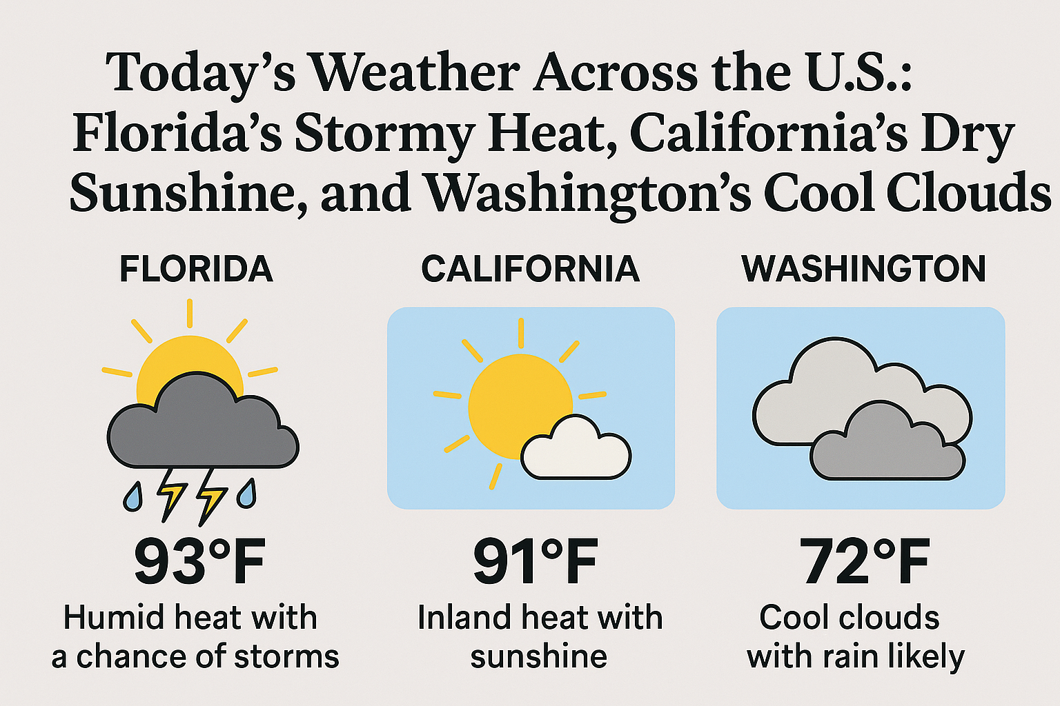 "Today’s Weather Across the U.S.: Florida’s Stormy Heat, California’s Dry Sunshine, and Washington’s Cool Clouds" 1 "Today’s Weather Across the U.S.: Florida’s Stormy Heat, California’s Dry Sunshine, and Washington’s Cool Clouds"