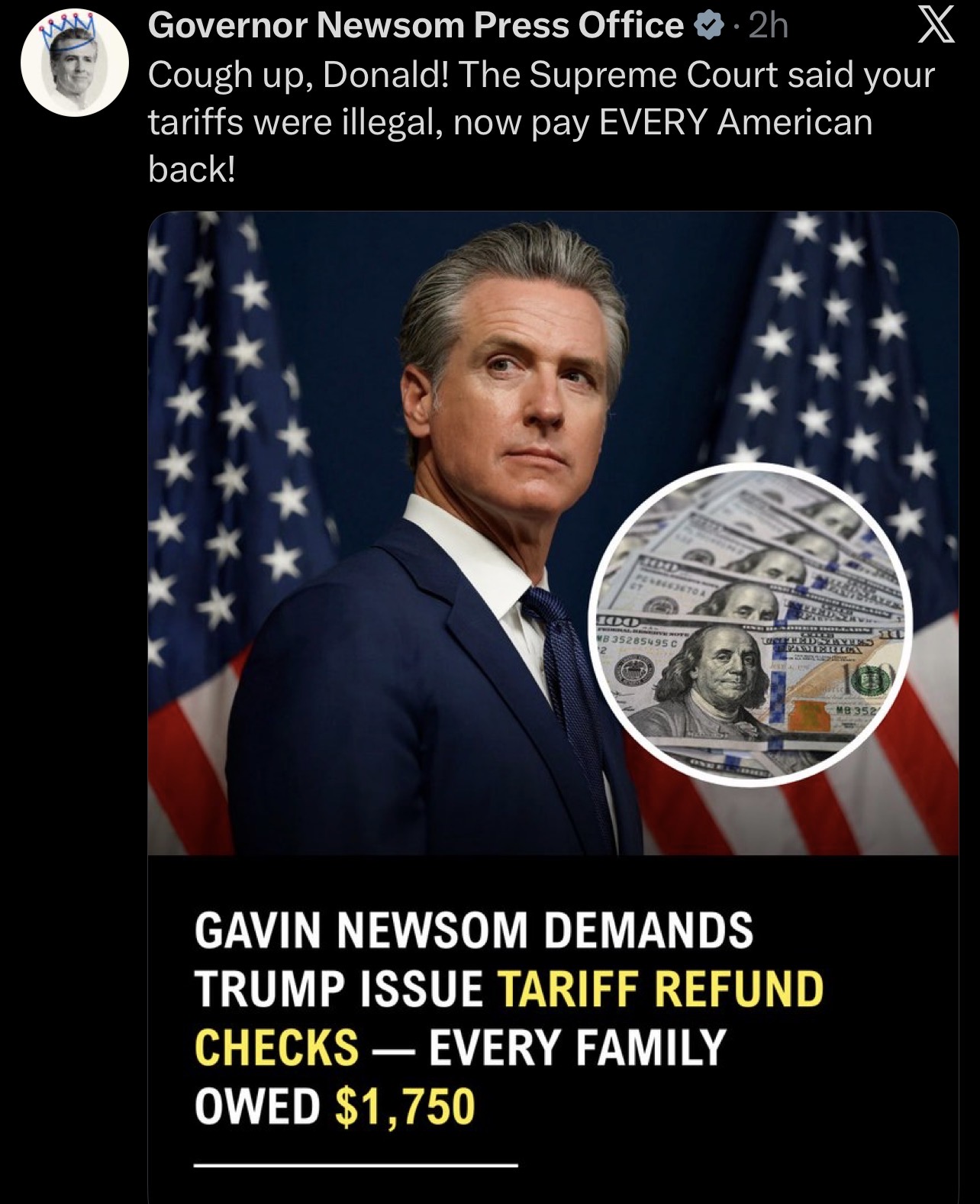 Supreme Court Tariff Ruling Sparks Debate as Newsom Calls for $1,750 Refund Checks for American Families